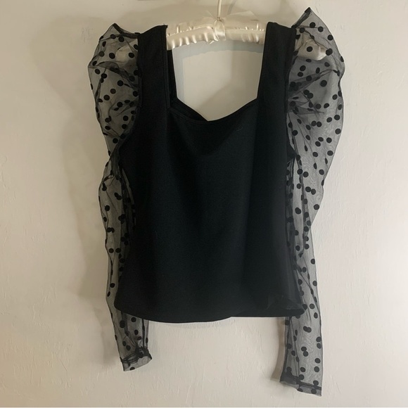 Shein Black Top Embellished Sweater Sheer Polka Dot Puff Long Sleeve Womens Sz L - Picture 9 of 16